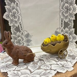 Brown Rabbit with Yellow Chicks in Cart Figurine